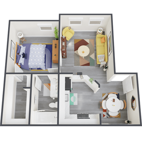 a bedroom with a bed and a chair in a room